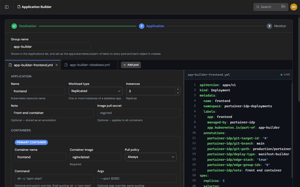 Application Builder with pod tabs and live YAML preview