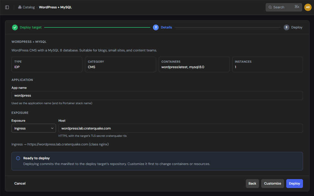 Catalog deploy details: a template selected and the review step open
