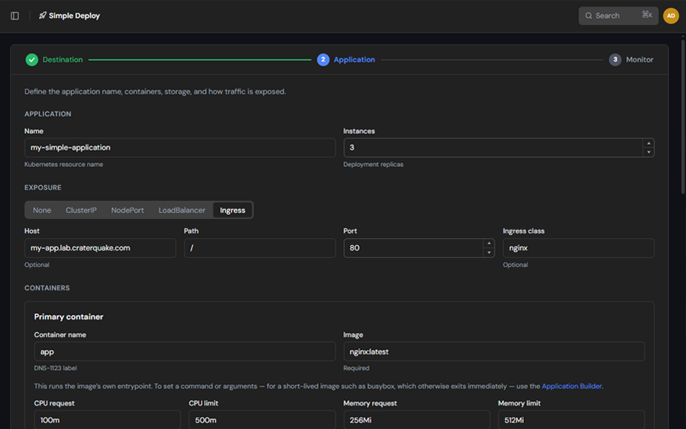 Simple Deploy form with application, exposure and container settings