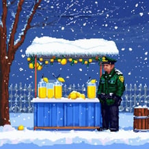 A security guard watching over a lemonade stand in the middle of winter.